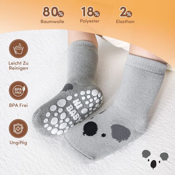 SockWaddles Stoppersocken Kinder Baby Dicke Vollfrottee - 5 Paar Thermosocken Kinde, ABS Krabbelsocken Baby mit Tiermotiven für Jungen und Mädche(3-5Jahre)