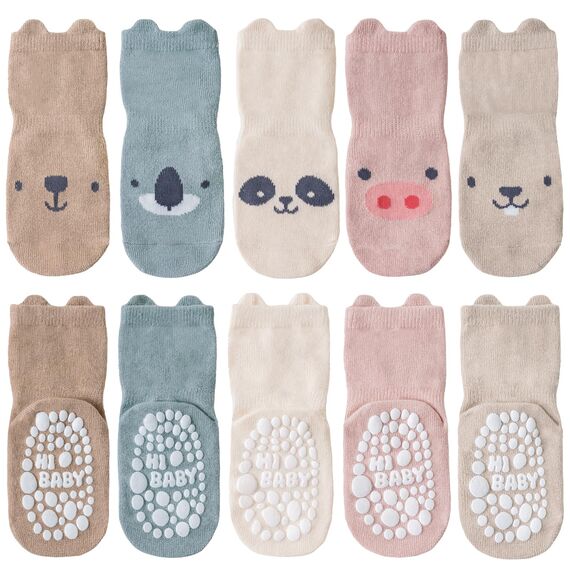 SockWaddles Stoppersocken Kinder Baby, 5 Paar ABS Atmungsaktiv Antirutschsocken Kinder, Krabbelsocken Baby Baumwolle, Jungen und Mädchen Crew Socken mit Rosa Schwein