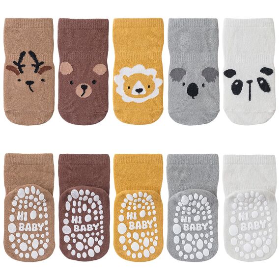 SockWaddles Stoppersocken Kinder Baby, 5 Paar ABS Atmungsaktiv Antirutschsocken Kinder, Krabbelsocken Baby Baumwolle, Jungen und Mädchen Crew Socken mit Tiere