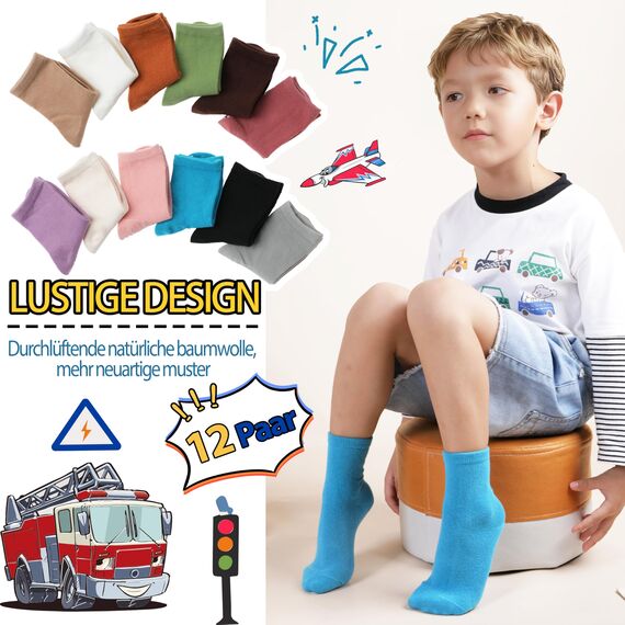 Welwoos Stoppersocken Kinder Baby Jungen Antirutschsocken Kinder Anti Rutsch Rutschfeste Lustige Geschenk Baumwolle Socken Kinder Jungen 12 Paare(Helle Farben,30-34)