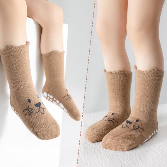 SockWaddles Stoppersocken Kinder Baby, 5 Paar ABS Atmungsaktiv Antirutschsocken Kinder, Krabbelsocken Baby Baumwolle, Jungen und Mädchen Crew Socken mit Weißer Bär