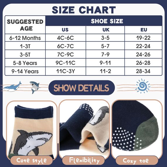 ANTSANG Stoppersocken Kinder Baby Jungen Socken Anti Rutsch / Rutschfeste Geschenk Socken Baumwolle Antirutschsocken für Kinder Jungen Kleinkind 12 Paar(Jungen-Hai (12 Paar),28-34)