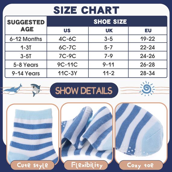 ANTSANG Stoppersocken Kinder Baby Jungen Socken Anti Rutsch / Rutschfeste Geschenk Socken Baumwolle Antirutschsocken für Kinder Jungen Kleinkind 12 Paar(Blau gestreift,24-26)