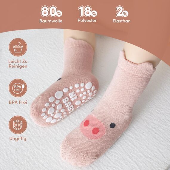 SockWaddles Stoppersocken Kinder Baby, 5 Paar ABS Atmungsaktiv Antirutschsocken Kinder, Krabbelsocken Baby Baumwolle, Jungen und Mädchen Crew Socken mit Rosa Schwein