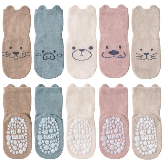 SockWaddles Stoppersocken Kinder Baby, 5 Paar ABS Atmungsaktiv Antirutschsocken Kinder, Krabbelsocken Baby Baumwolle, Jungen und Mädchen Crew Socken mit Weißer Bär