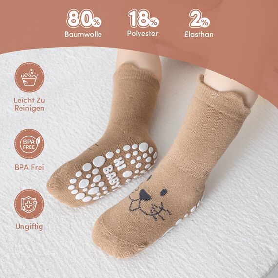SockWaddles Stoppersocken Kinder Baby, 5 Paar ABS Atmungsaktiv Antirutschsocken Kinder, Krabbelsocken Baby Baumwolle, Jungen und Mädchen Crew Socken mit Weißer Bär