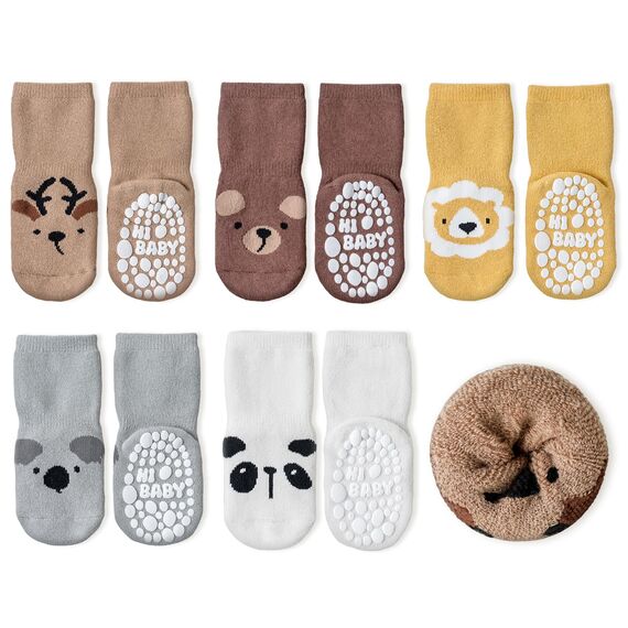 SockWaddles Stoppersocken Kinder Baby Dicke Vollfrottee - 5 Paar Thermosocken Kinde, ABS Krabbelsocken Baby mit Tiermotiven für Jungen und Mädche(3-5Jahre)