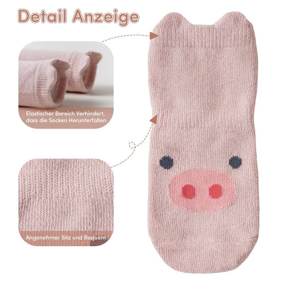 SockWaddles Stoppersocken Kinder Baby, 5 Paar ABS Atmungsaktiv Antirutschsocken Kinder, Krabbelsocken Baby Baumwolle, Jungen und Mädchen Crew Socken mit Rosa Schwein