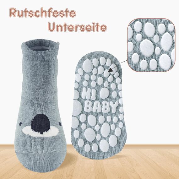 SockWaddles Stoppersocken Kinder Baby, 5 Paar ABS Atmungsaktiv Antirutschsocken Kinder, Krabbelsocken Baby Baumwolle, Jungen und Mädchen Crew Socken mit Rosa Schwein