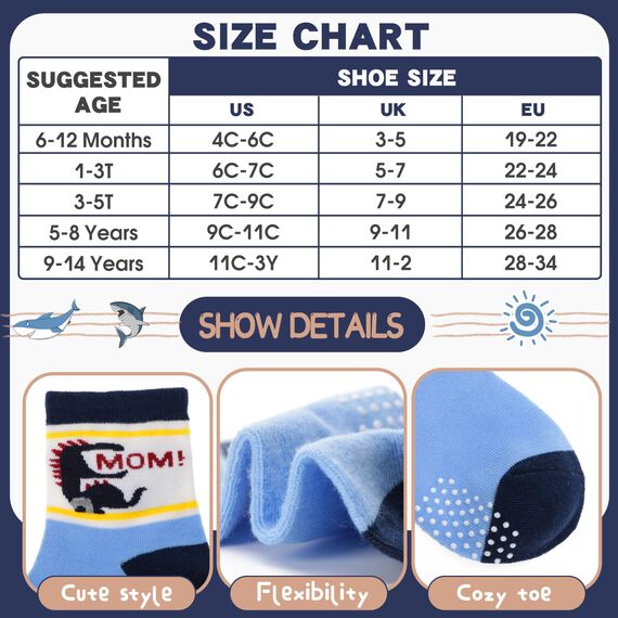 ANTSANG Stoppersocken Kinder Baby Jungen Socken Anti Rutsch / Rutschfeste Geschenk Socken Baumwolle Antirutschsocken für Kinder Jungen Kleinkind 12 Paar(Jungen-Dinosaurier (12 Paar),24-26)
