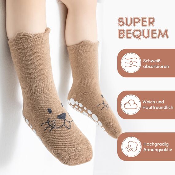 SockWaddles Stoppersocken Kinder Baby, 5 Paar ABS Atmungsaktiv Antirutschsocken Kinder, Krabbelsocken Baby Baumwolle, Jungen und Mädchen Crew Socken mit Weißer Bär