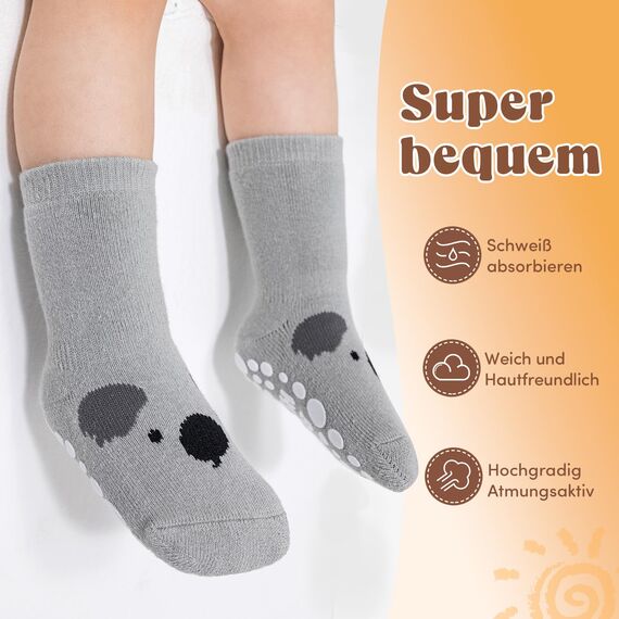 SockWaddles Stoppersocken Kinder Baby Dicke Vollfrottee - 5 Paar Thermosocken Kinde, ABS Krabbelsocken Baby mit Tiermotiven für Jungen und Mädche(3-5Jahre)