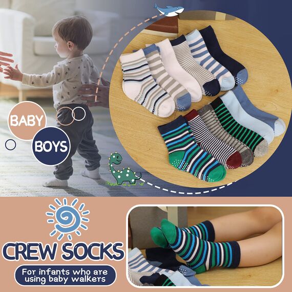 ANTSANG Stoppersocken Kinder Baby Jungen Socken Anti Rutsch / Rutschfeste Geschenk Socken Baumwolle Antirutschsocken für Kinder Jungen Kleinkind 12 Paar(Blau gestreift (12 Paar),19-22)