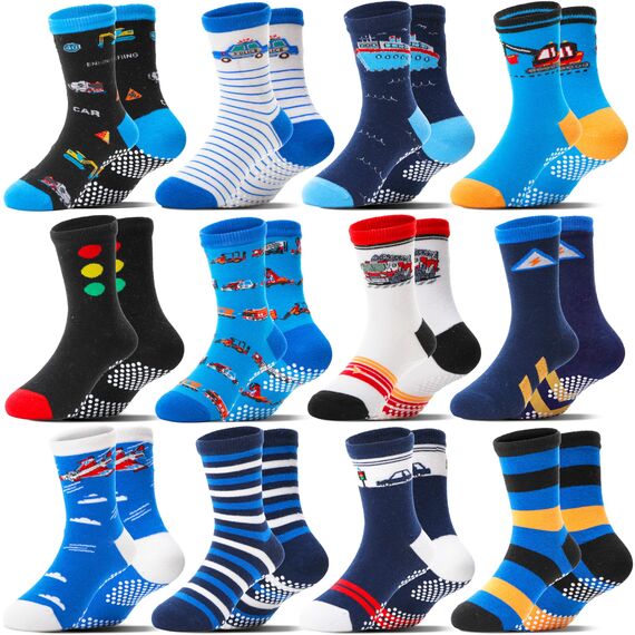 Welwoos Stoppersocken Kinder Baby Jungen Antirutschsocken Kinder Anti Rutsch Rutschfeste Lustige Geschenk Baumwolle Socken Kinder Jungen 12 Paare(Autos,22-24)