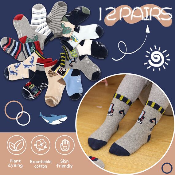 ANTSANG Stoppersocken Kinder Baby Jungen Socken Anti Rutsch / Rutschfeste Geschenk Socken Baumwolle Antirutschsocken für Kinder Jungen Kleinkind 12 Paar(Jungen-Dinosaurier (12 Paar),26-28)