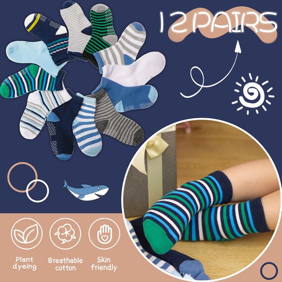 ANTSANG Stoppersocken Kinder Baby Jungen Socken Anti Rutsch / Rutschfeste Geschenk Socken Baumwolle Antirutschsocken für Kinder Jungen Kleinkind 12 Paar(Blau gestreift (12 Paar),19-22)