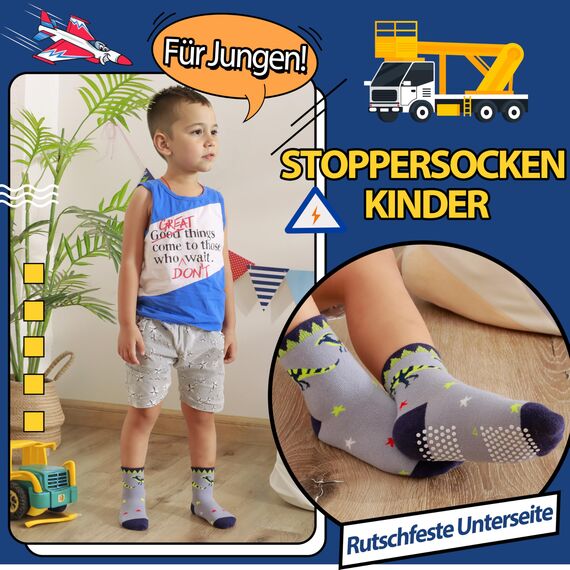 Welwoos Stoppersocken Kinder Baby Jungen Antirutschsocken Kinder Anti Rutsch Rutschfeste Lustige Geschenk Baumwolle Socken Kinder Jungen 12 Paare(Dinosaurier,22-24)