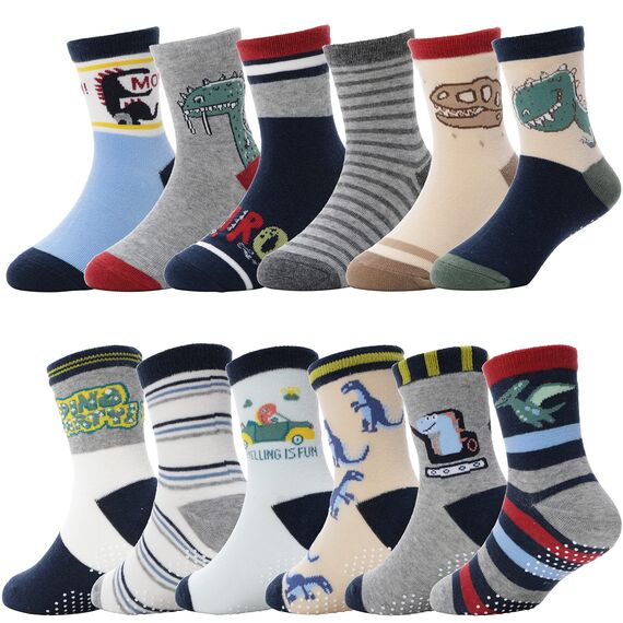 ANTSANG Stoppersocken Kinder Baby Jungen Socken Anti Rutsch / Rutschfeste Geschenk Socken Baumwolle Antirutschsocken für Kinder Jungen Kleinkind 12 Paar(Jungen-Dinosaurier (12 Paar),26-28)
