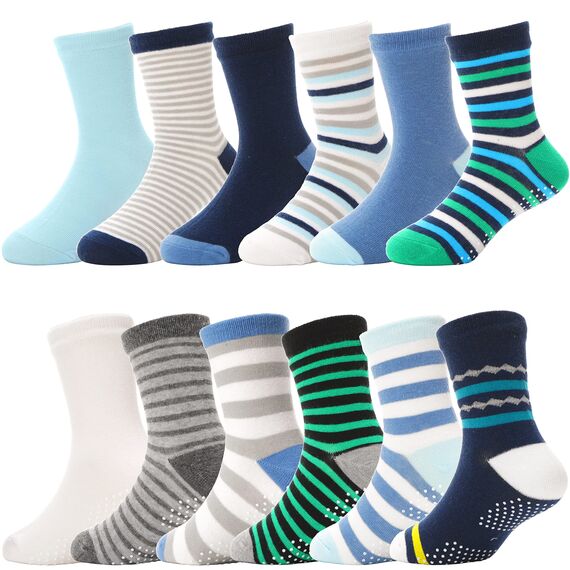ANTSANG Stoppersocken Kinder Baby Jungen Socken Anti Rutsch / Rutschfeste Geschenk Socken Baumwolle Antirutschsocken für Kinder Jungen Kleinkind 12 Paar(Blau gestreift (12 Paar),28-34)
