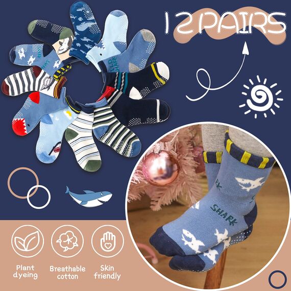 ANTSANG Stoppersocken Kinder Baby Jungen Socken Anti Rutsch / Rutschfeste Geschenk Socken Baumwolle Antirutschsocken für Kinder Jungen Kleinkind 12 Paar(Jungen-Hai (12 Paar),28-34)