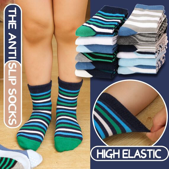 ANTSANG Stoppersocken Kinder Baby Jungen Socken Anti Rutsch / Rutschfeste Geschenk Socken Baumwolle Antirutschsocken für Kinder Jungen Kleinkind 12 Paar(Blau gestreift (12 Paar),19-22)