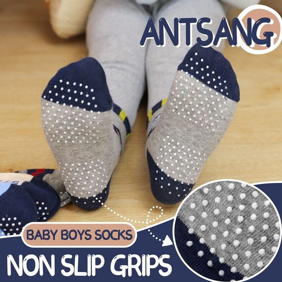 ANTSANG Stoppersocken Kinder Baby Jungen Socken Anti Rutsch / Rutschfeste Geschenk Socken Baumwolle Antirutschsocken für Kinder Jungen Kleinkind 12 Paar(Jungen-Dinosaurier (12 Paar),26-28)