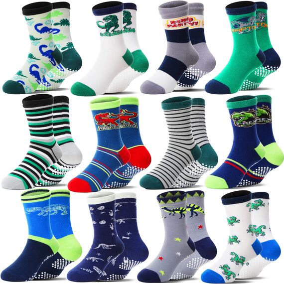 Welwoos Stoppersocken Kinder Baby Jungen Antirutschsocken Kinder Anti Rutsch Rutschfeste Lustige Geschenk Baumwolle Socken Kinder Jungen 12 Paare(Dinosaurier,30-34)