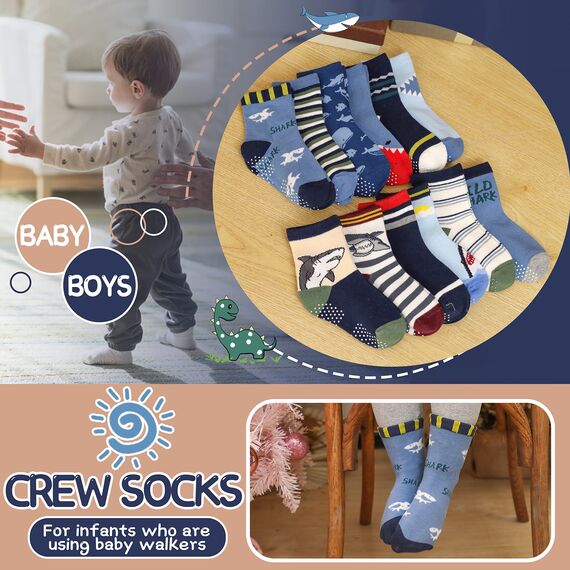 ANTSANG Stoppersocken Kinder Baby Jungen Socken Anti Rutsch / Rutschfeste Geschenk Socken Baumwolle Antirutschsocken für Kinder Jungen Kleinkind 12 Paar(Jungen-Hai (12 Paar),26-28)