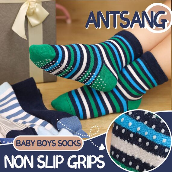 ANTSANG Stoppersocken Kinder Baby Jungen Socken Anti Rutsch / Rutschfeste Geschenk Socken Baumwolle Antirutschsocken für Kinder Jungen Kleinkind 12 Paar(Blau gestreift (12 Paar),28-34)