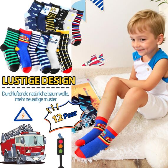 Welwoos Stoppersocken Kinder Baby Jungen Antirutschsocken Kinder Anti Rutsch Rutschfeste Lustige Geschenk Baumwolle Socken Kinder Jungen 12 Paare(Verschiedene,30-34)