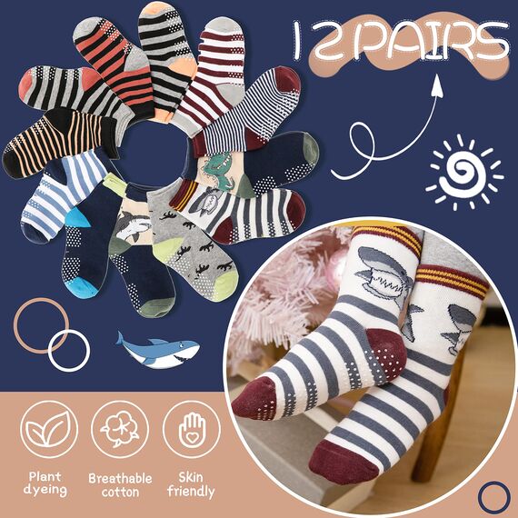 ANTSANG Stoppersocken Kinder Baby Jungen Socken Anti Rutsch / Rutschfeste Geschenk Socken Baumwolle Antirutschsocken für Kinder Jungen Kleinkind 12 Paar(Braun gestreift (12 Paar),19-22)