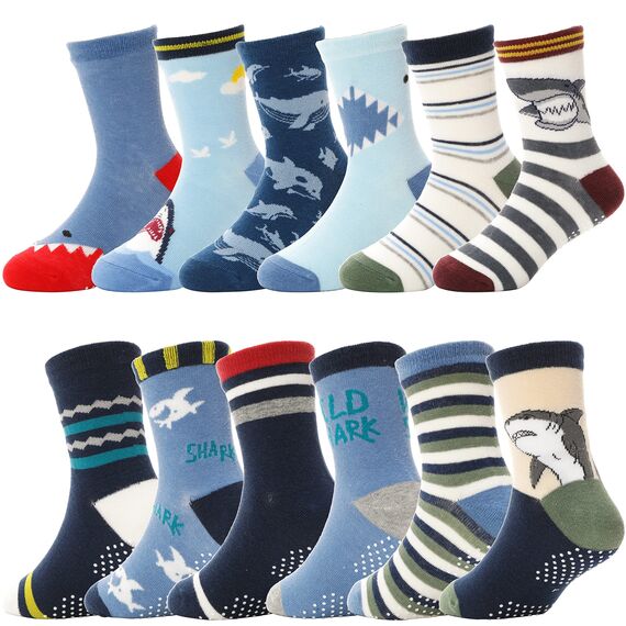 ANTSANG Stoppersocken Kinder Baby Jungen Socken Anti Rutsch / Rutschfeste Geschenk Socken Baumwolle Antirutschsocken für Kinder Jungen Kleinkind 12 Paar(Jungen-Hai (12 Paar),28-34)