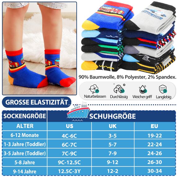 Welwoos Stoppersocken Kinder Baby Jungen Antirutschsocken Kinder Anti Rutsch Rutschfeste Lustige Geschenk Baumwolle Socken Kinder Jungen 12 Paare(Verschiedene,22-24)