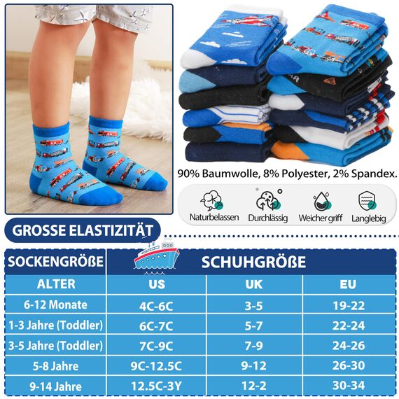 Welwoos Stoppersocken Kinder Baby Jungen Antirutschsocken Kinder Anti Rutsch Rutschfeste Lustige Geschenk Baumwolle Socken Kinder Jungen 12 Paare(Autos,22-24)
