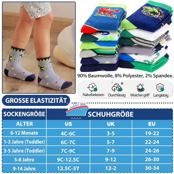 Welwoos Stoppersocken Kinder Baby Jungen Antirutschsocken Kinder Anti Rutsch Rutschfeste Lustige Geschenk Baumwolle Socken Kinder Jungen 12 Paare(Dinosaurier,30-34)