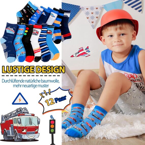 Welwoos Stoppersocken Kinder Baby Jungen Antirutschsocken Kinder Anti Rutsch Rutschfeste Lustige Geschenk Baumwolle Socken Kinder Jungen 12 Paare(Autos,22-24)