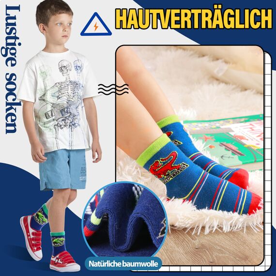 Welwoos Stoppersocken Kinder Baby Jungen Antirutschsocken Kinder Anti Rutsch Rutschfeste Lustige Geschenk Baumwolle Socken Kinder Jungen 12 Paare(Dinosaurier,30-34)