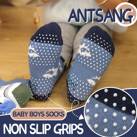ANTSANG Stoppersocken Kinder Baby Jungen Socken Anti Rutsch / Rutschfeste Geschenk Socken Baumwolle Antirutschsocken für Kinder Jungen Kleinkind 12 Paar(Jungen-Hai (12 Paar),28-34)