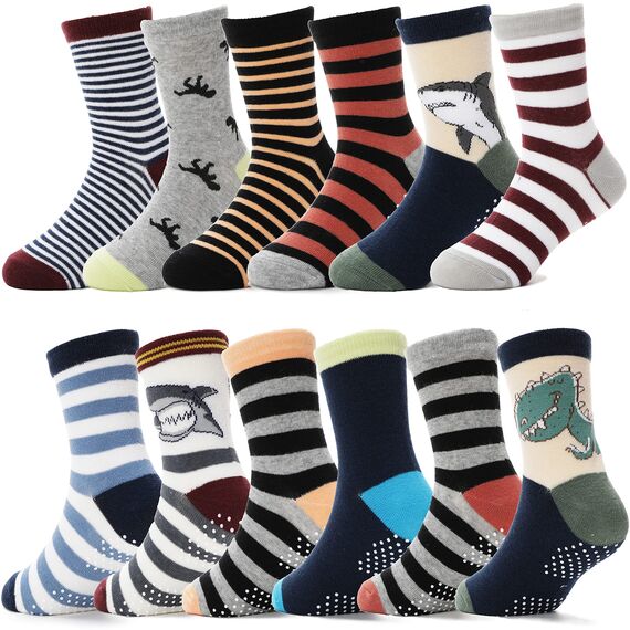 ANTSANG Stoppersocken Kinder Baby Jungen Socken Anti Rutsch / Rutschfeste Geschenk Socken Baumwolle Antirutschsocken für Kinder Jungen Kleinkind 12 Paar(Braun gestreift (12 Paar),28-34)