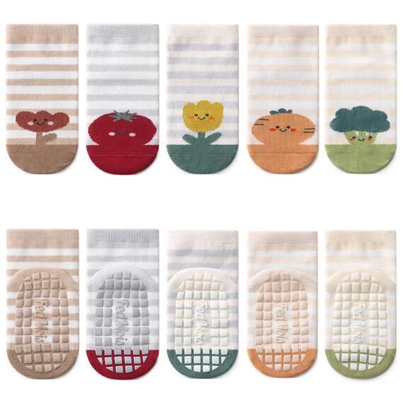 FedMois 5er Pack Baby Kleinkinder ABS rutschfeste Socken Sneaker Socken Tiermotive Baumwolle, Früchte, 5-7 Jahre
