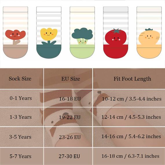 FedMois 5er Pack Baby Kleinkinder ABS rutschfeste Socken Sneaker Socken Tiermotive Baumwolle, Früchte, 0-1 Jahr
