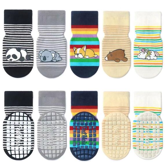 FedMois 5er Pack Baby Kleinkinder ABS rutschfeste Socken Sneaker Socken Tiermotive Baumwolle, Tiere, 5-7 Jahre