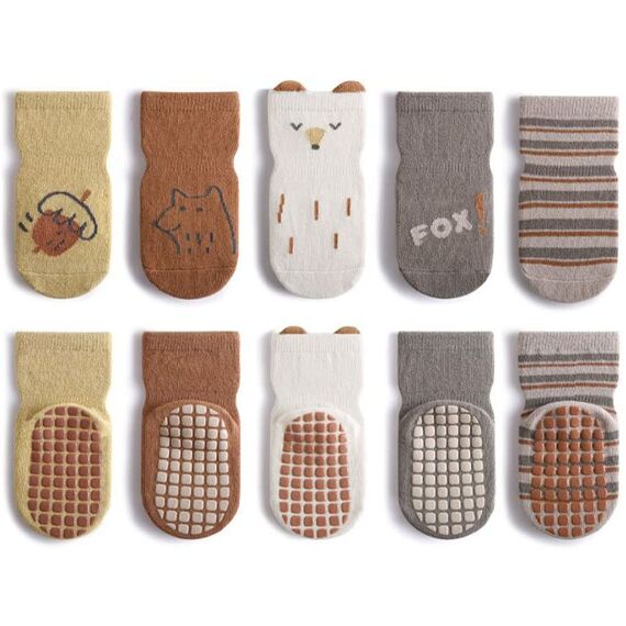 FedMois 5er Pack Baby Kleinkinder ABS rutschfeste Socken Sneaker Socken Tiermotive Baumwolle, Fuchs, 3-5 Jahre