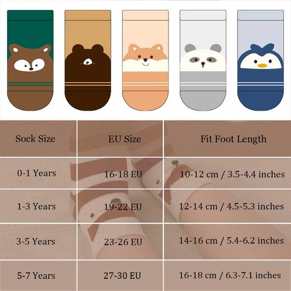 FedMois 5er Pack Baby Kleinkinder ABS rutschfeste Socken Sneaker Socken Tiermotive Baumwolle, Streifen, 1-3 Jahre