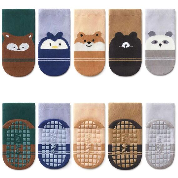 FedMois 5er Pack Baby Kleinkinder ABS rutschfeste Socken Sneaker Socken Tiermotive Baumwolle, Streifen, 1-3 Jahre