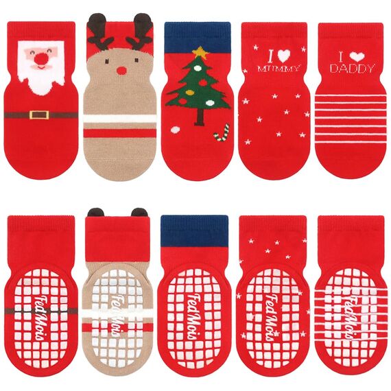 FedMois 5er Pack Baby Kleinkinder ABS rutschfeste Socken Sneaker Socken Tiermotive Baumwolle, Weihnachten, 1-3 Jahre