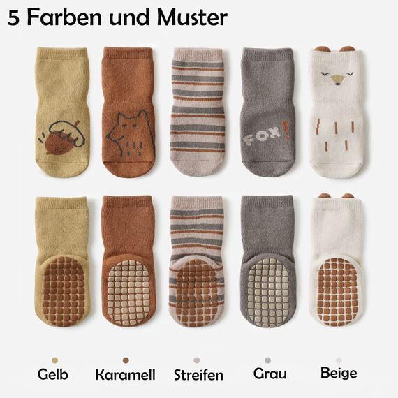 Exemaba Baby Socken Anti Rutsch Dicke - 5 Paar Winter Warme Kleinkinder Rutschsocken Krabbelsocken für Mädchen Jungen(C1,S/6-12 Monate)