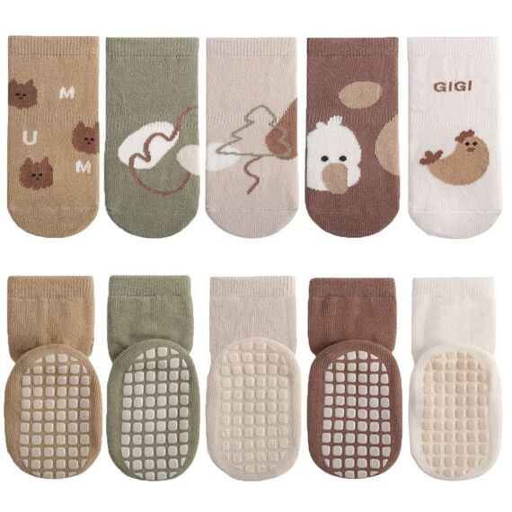 FedMois 5er Pack Baby Kleinkinder ABS rutschfeste Socken Sneaker Socken Tiermotive Baumwolle, Hähnchen, 3-5 Jahre