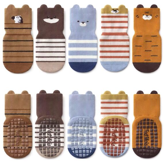 FedMois 5er Pack Baby Kleinkinder ABS rutschfeste Socken Sneaker Socken Tiermotive Baumwolle, Zebra, 3-5 Jahre