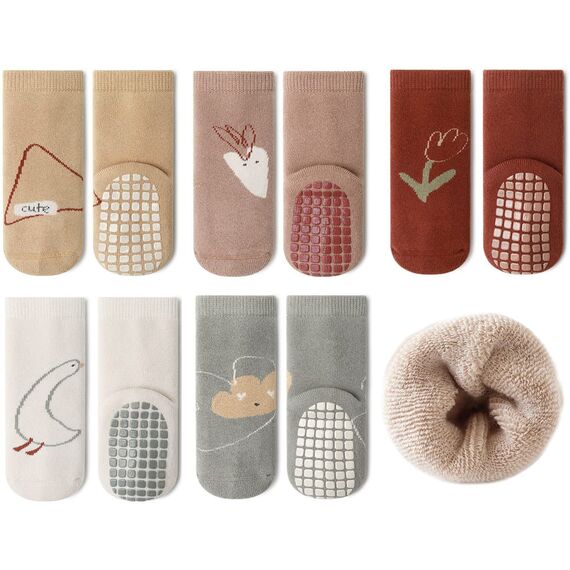 Exemaba Baby Socken Anti Rutsch Dicke - 5 Paar Winter Warme Kleinkinder Rutschsocken Krabbelsocken für Mädchen Jungen(E1,L/3-5 Jahre)